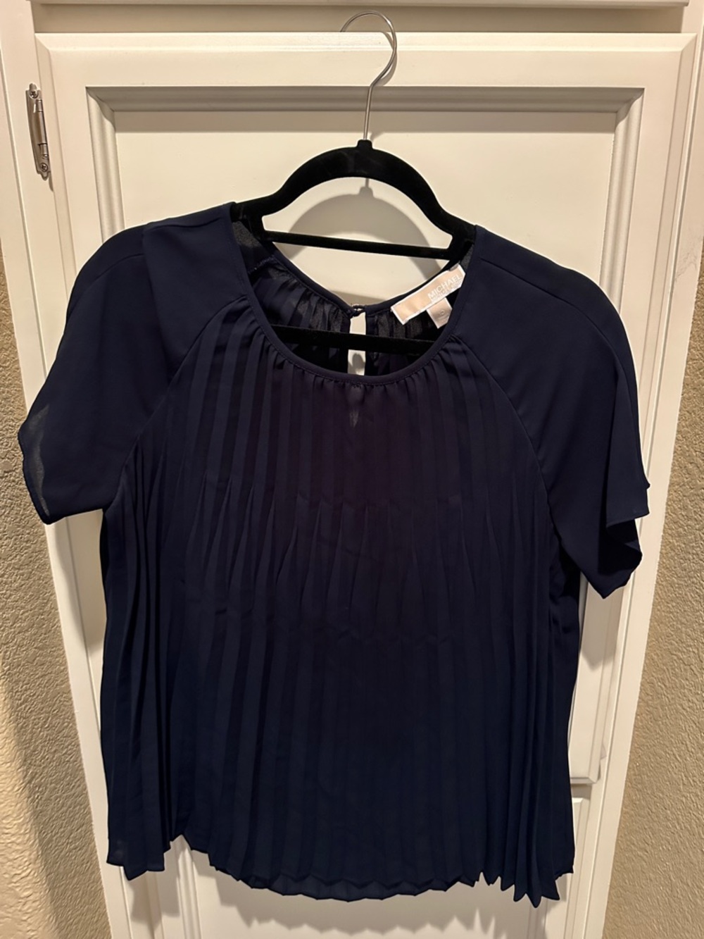 Michael Kors- Pleated Navy Short-Sleeve Blouse - Women's Top